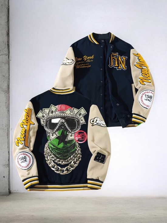Other - Varsity-Style Black and Cream Graphic Bomber Jacket